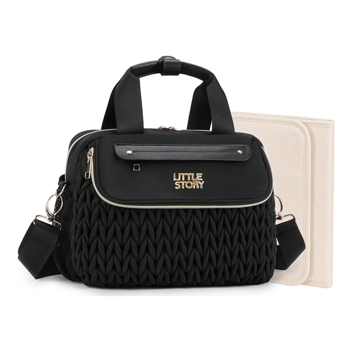 Little Story Black Compact Diaper Bag with Changing Pad & Shoulder Strap