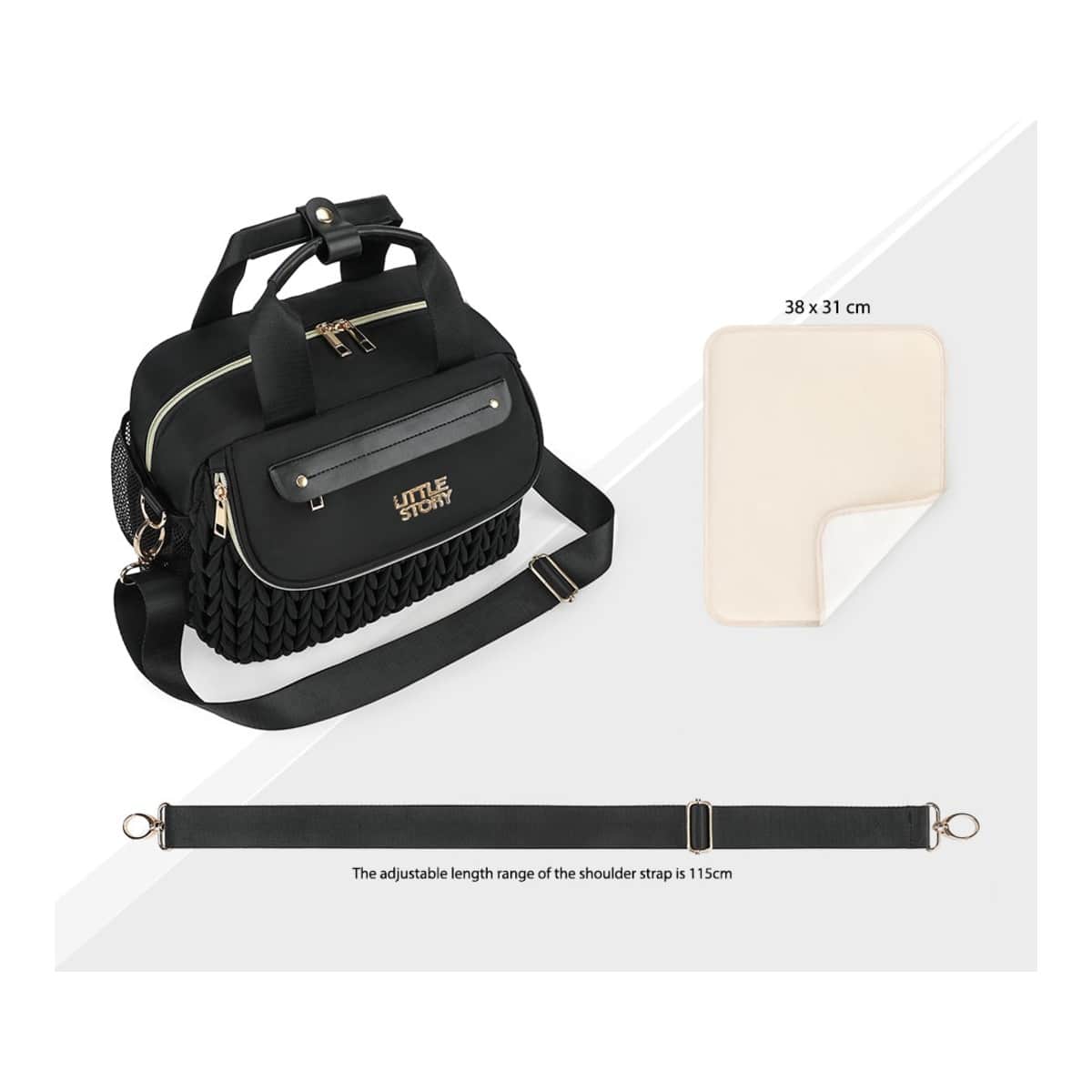 Little Story Black Compact Diaper Bag with Changing Pad & Shoulder Strap