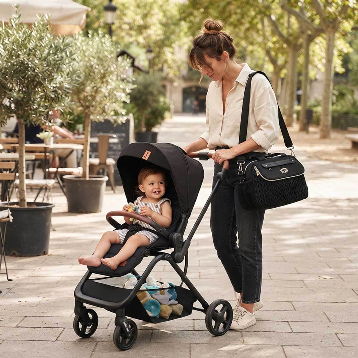 Little Story Black Compact Diaper Bag with Changing Pad & Shoulder Strap