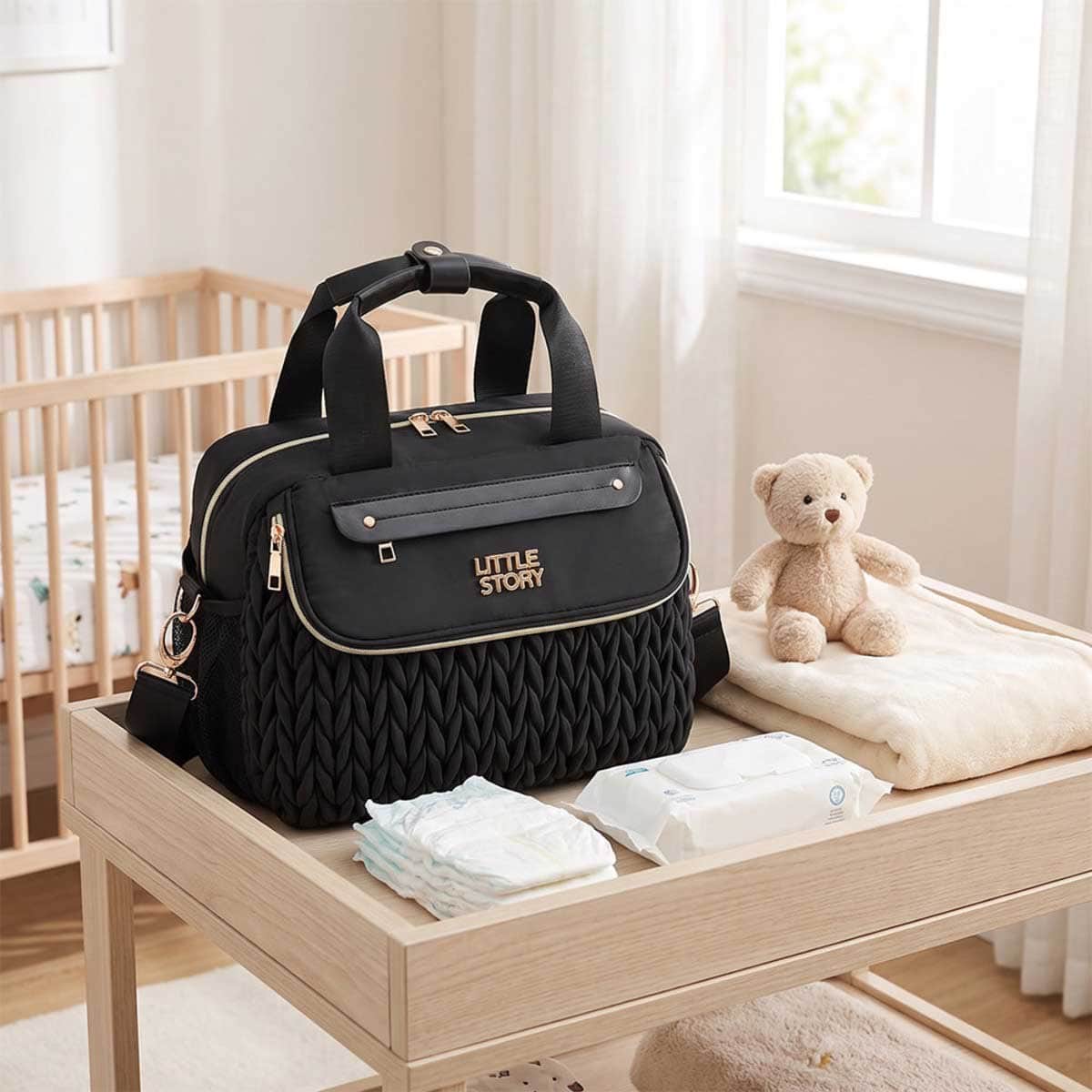 Little Story Black Compact Diaper Bag with Changing Pad & Shoulder Strap