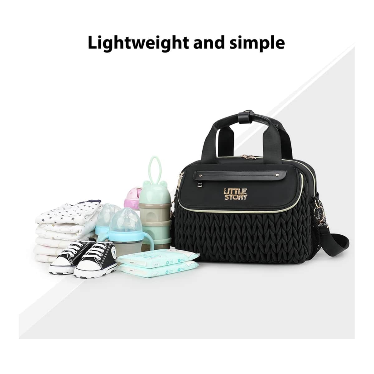 Little Story Black Compact Diaper Bag with Changing Pad & Shoulder Strap