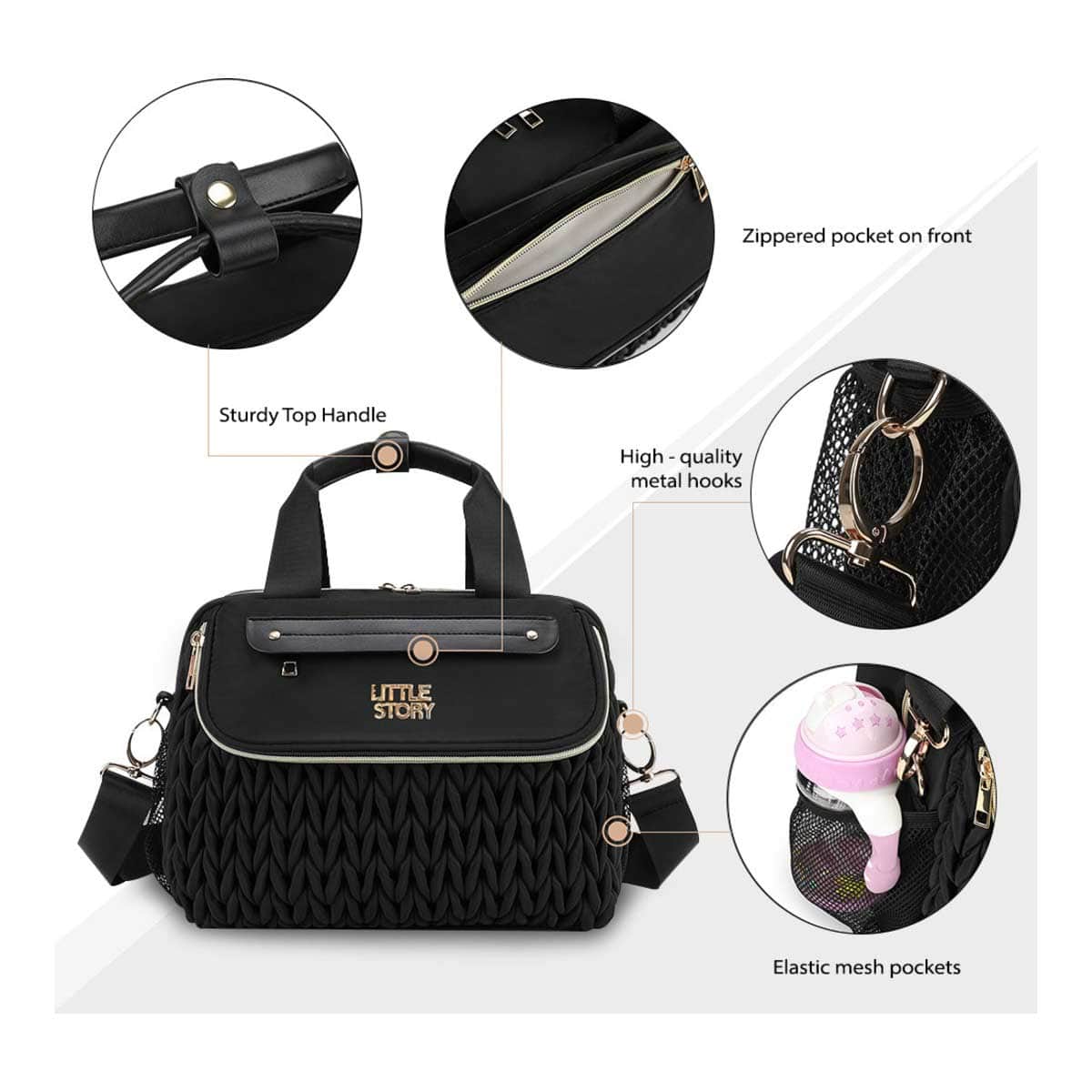 Little Story Black Compact Diaper Bag with Changing Pad & Shoulder Strap