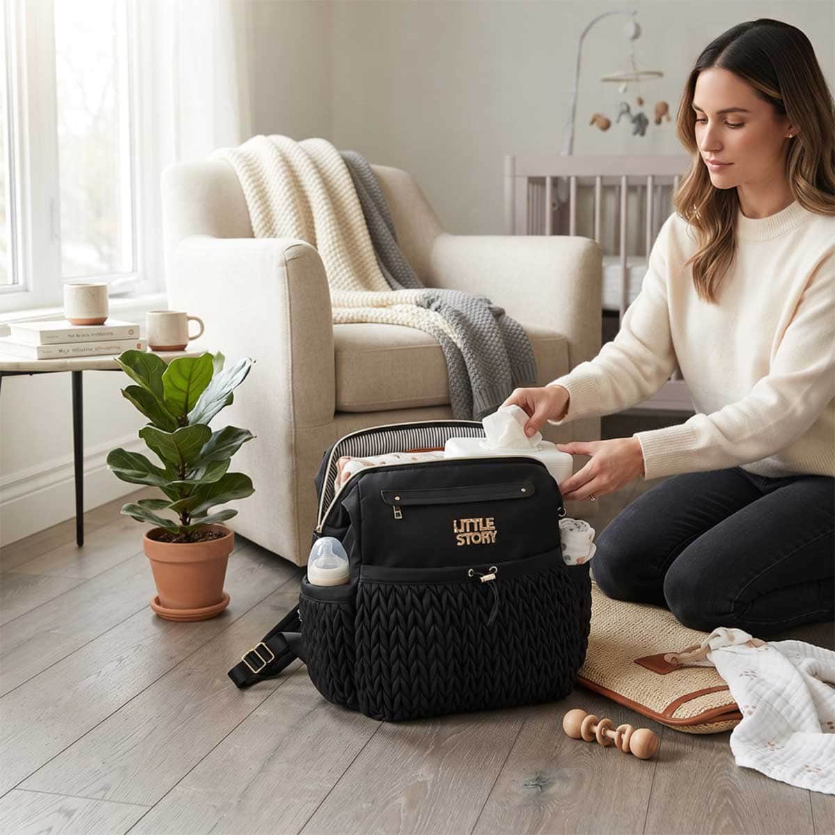 Little Story Black Diaper Backpack with Changing Pad & Laptop Sleeve