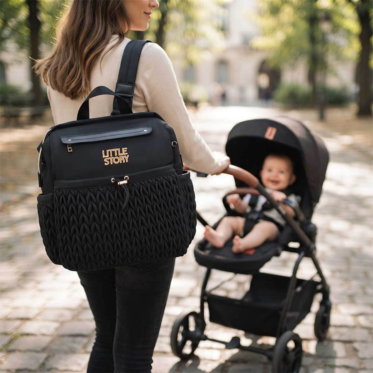 Little Story Black Diaper Backpack with Changing Pad & Laptop Sleeve