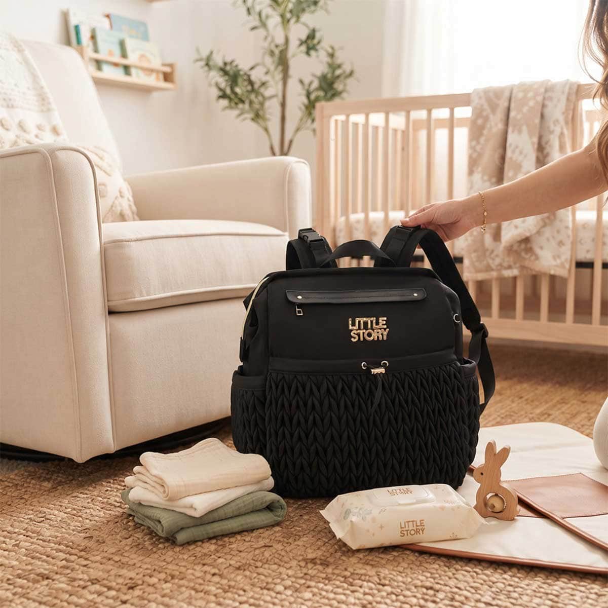Little Story Black Diaper Backpack with Changing Pad & Laptop Sleeve