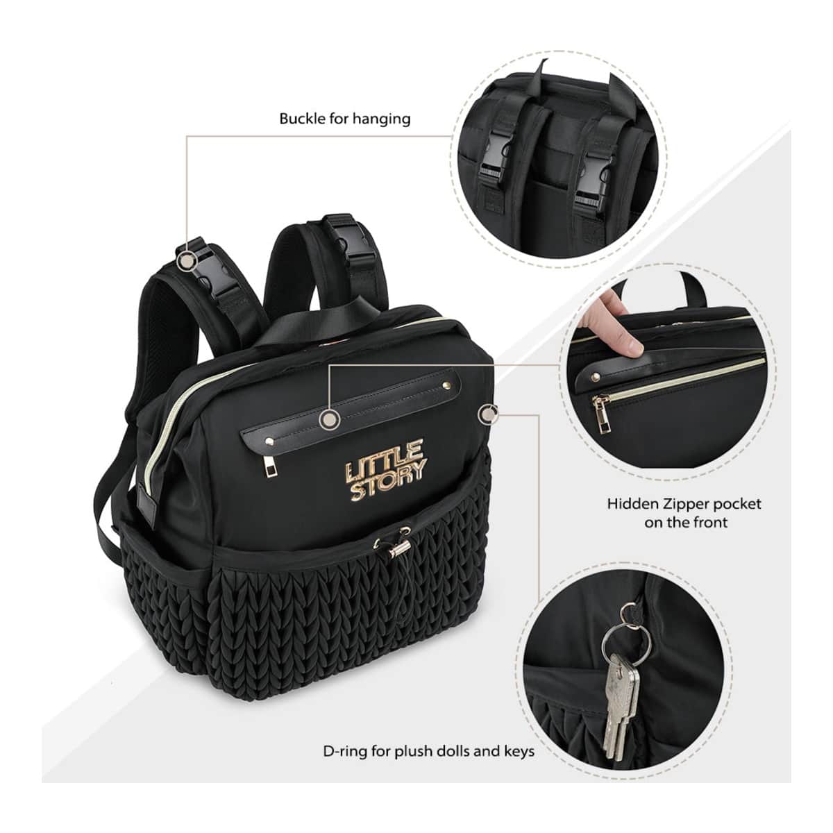 Little Story Black Diaper Backpack with Changing Pad & Laptop Sleeve