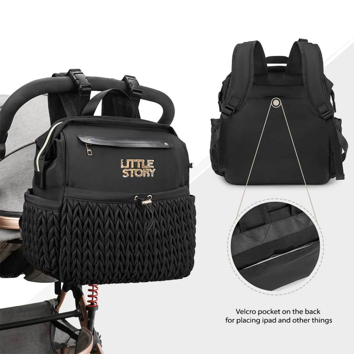 Little Story Black Diaper Backpack with Changing Pad & Laptop Sleeve