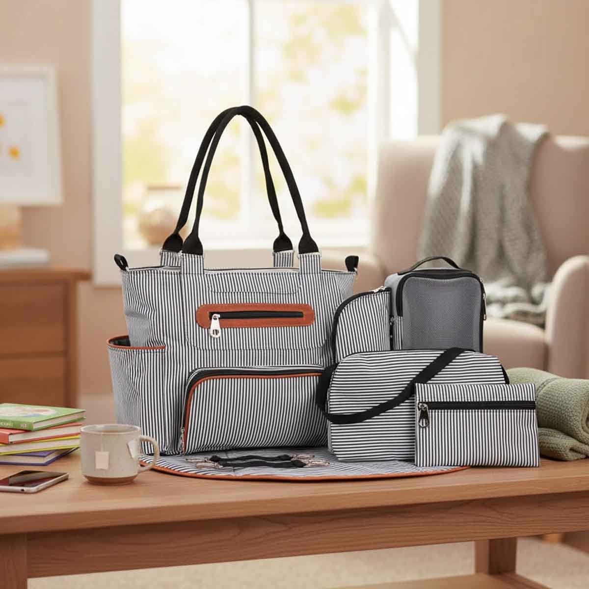 ليتل ستوري حقيبة حفاضات سوداء مع خطافات، مجموعة من 6