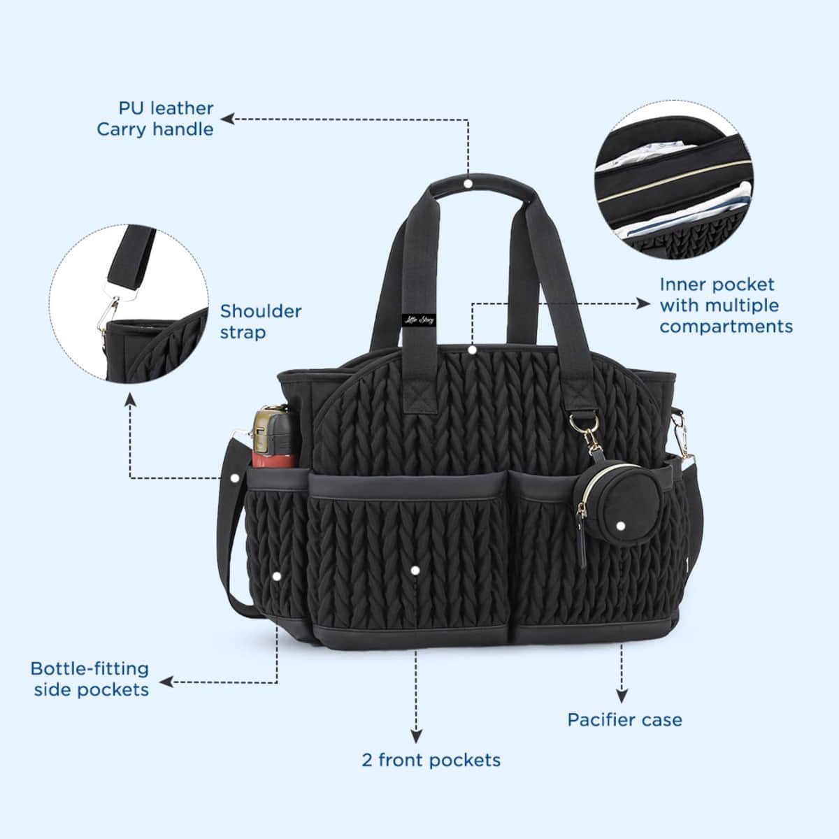 Little Story Black Nova Tote Bag with Pacifier Pod