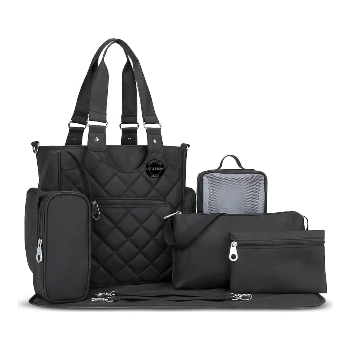 Little Story Black Quilted Diaper Bags with Stroller Straps & Changing Mat