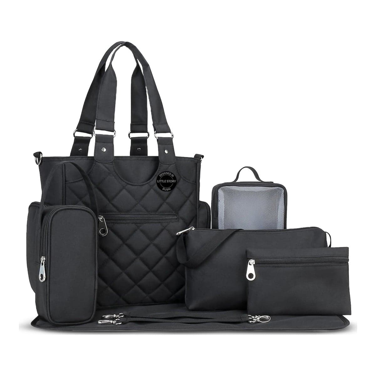 Little Story Black Quilted Diaper Bags with Stroller Straps & Changing Mat
