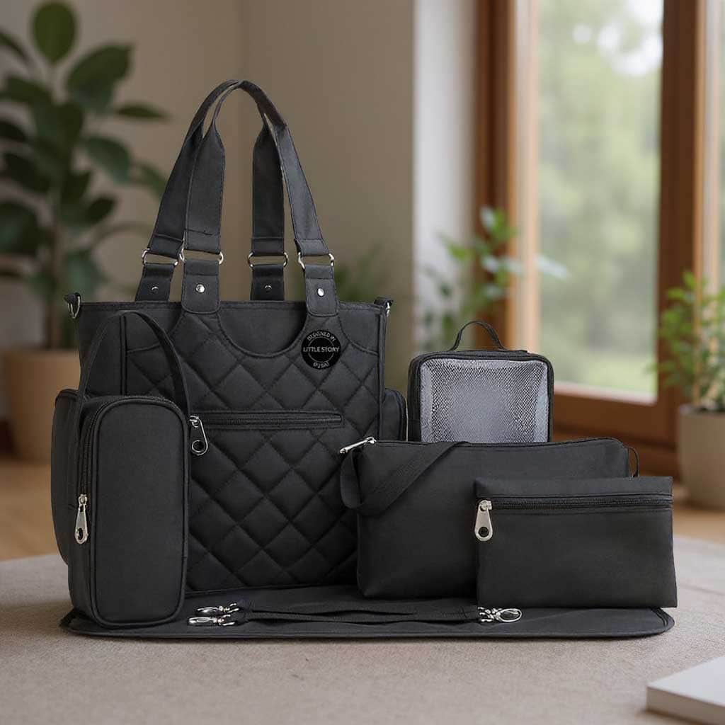 Little Story Black Quilted Diaper Bags with Stroller Straps & Changing Mat