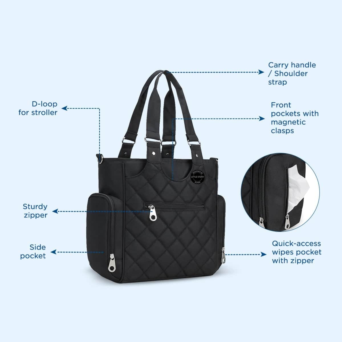 Little Story Black Quilted Diaper Bags with Stroller Straps & Changing Mat