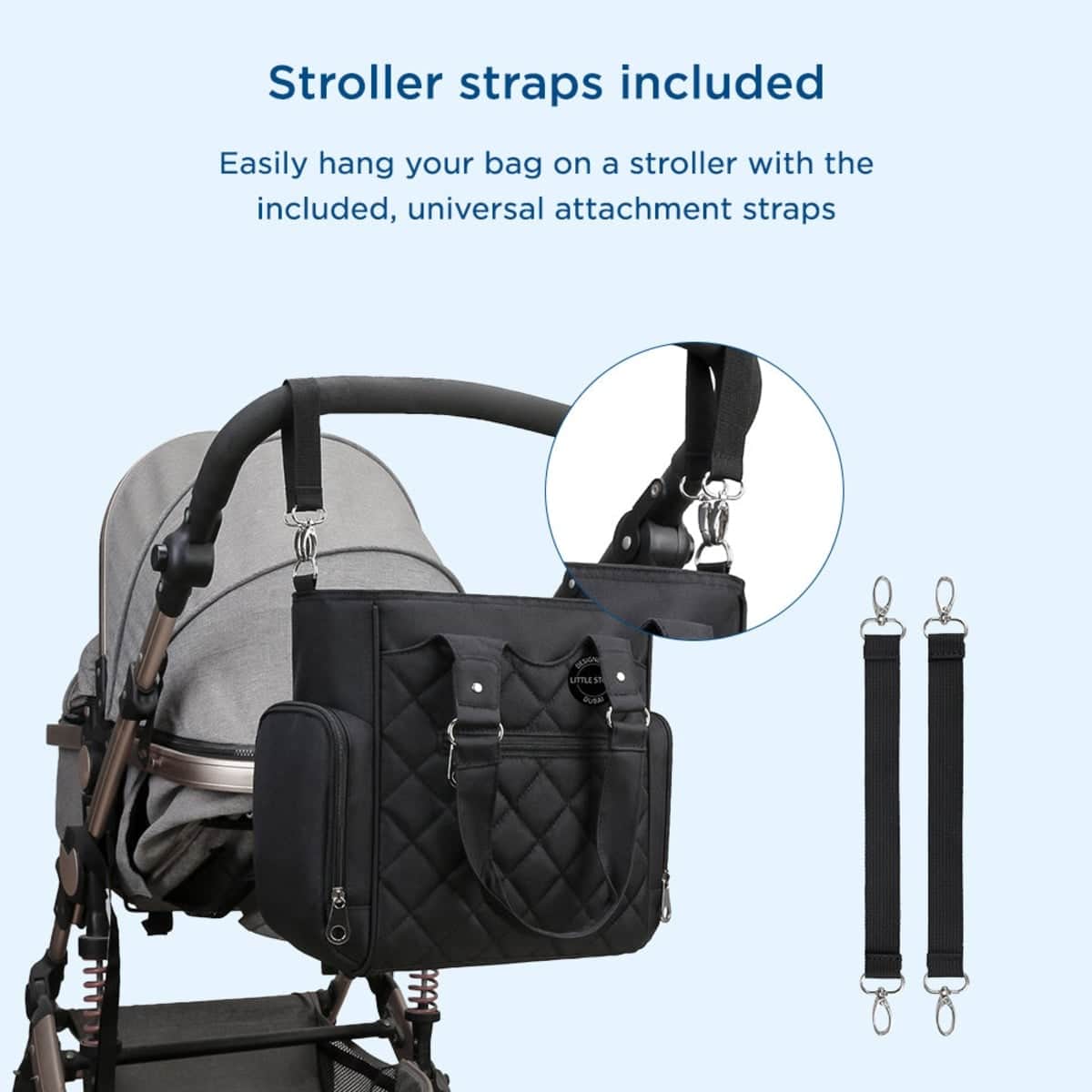 Little Story Black Quilted Diaper Bags with Stroller Straps & Changing Mat
