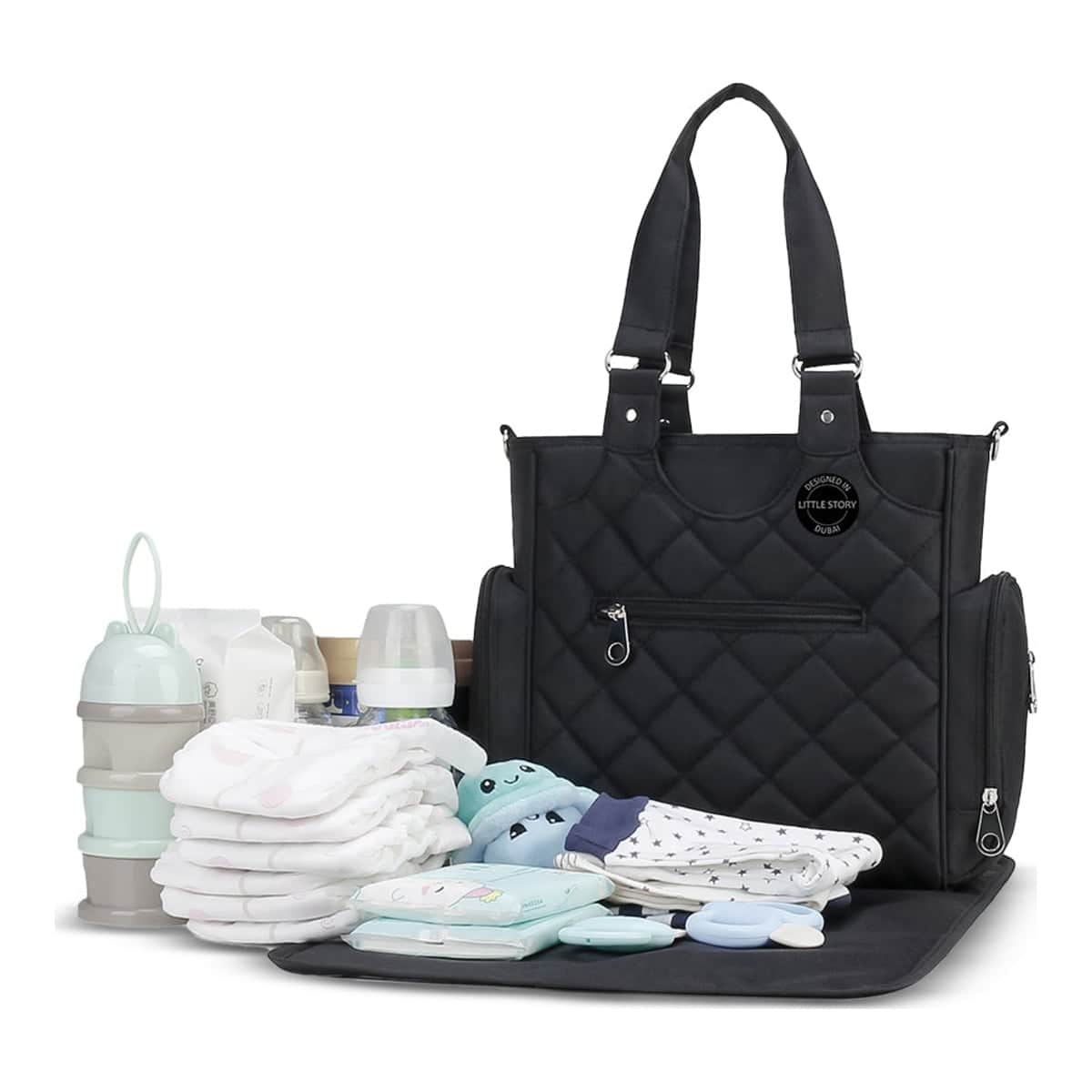 Little Story Black Quilted Diaper Bags with Stroller Straps & Changing Mat