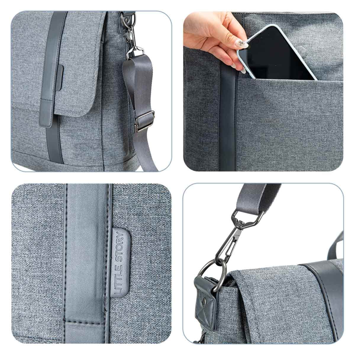 Little Story Grey Dad's Diaper Bag with Changing Mat & Stroller Straps