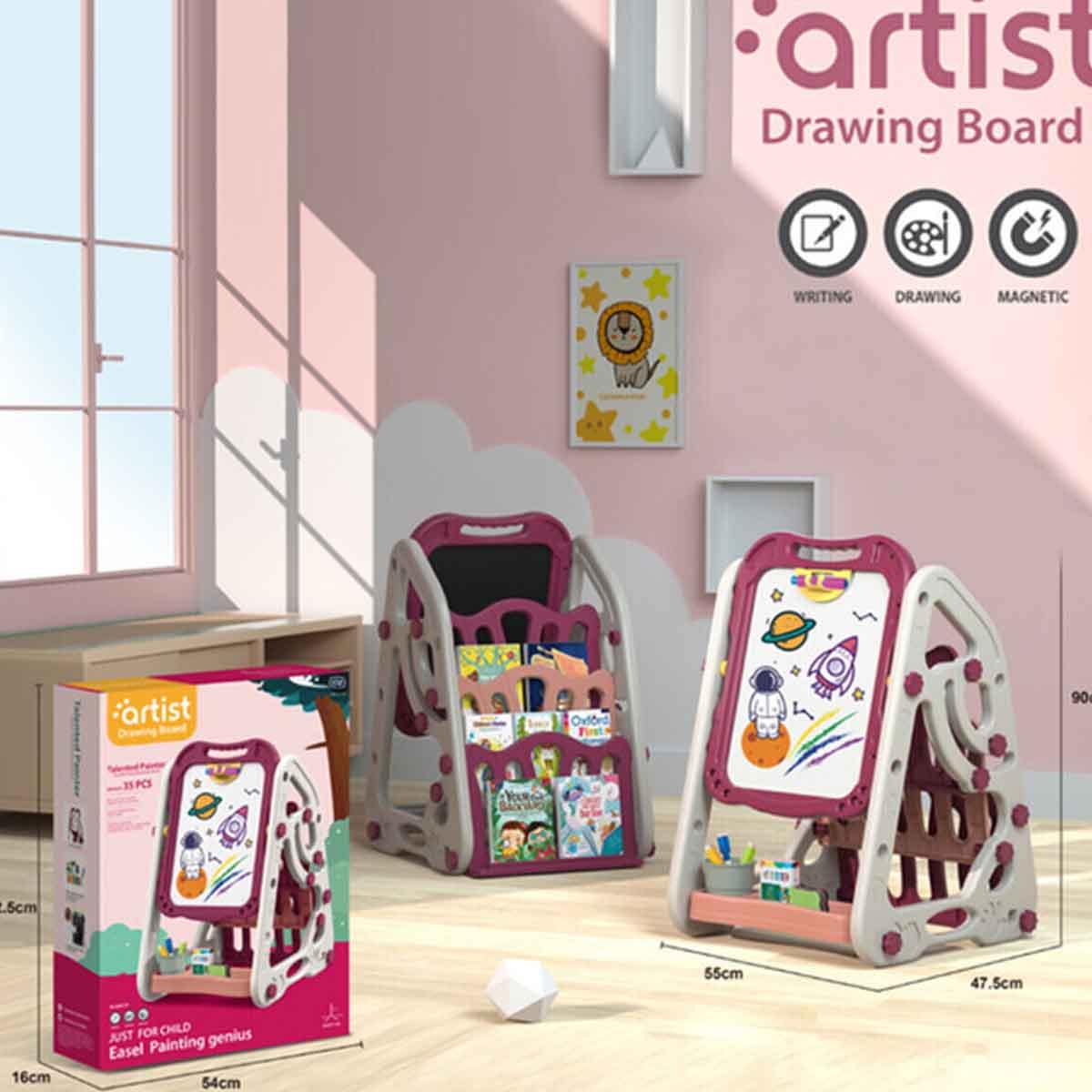 Little Story Double Sided Multifunctional Magnetic Drawing Board with Book Shelf