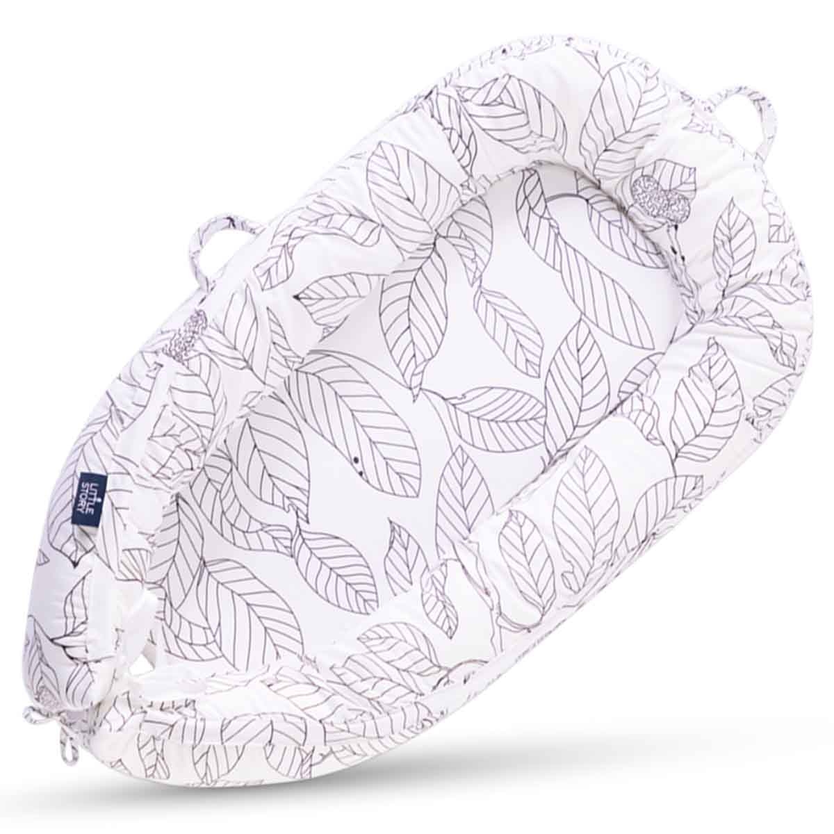 Little Story Flora White Grey Soft Breathable Fiberfill Newborn Lounger Bed Toddler, 0-2 Years