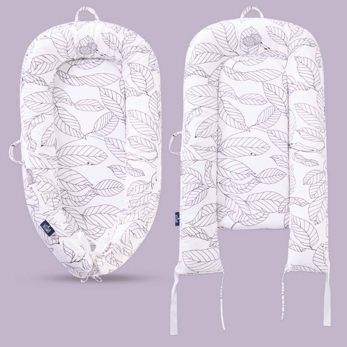 Little Story Flora White Grey Soft Breathable Fiberfill Newborn Lounger Bed Toddler, 0-2 Years
