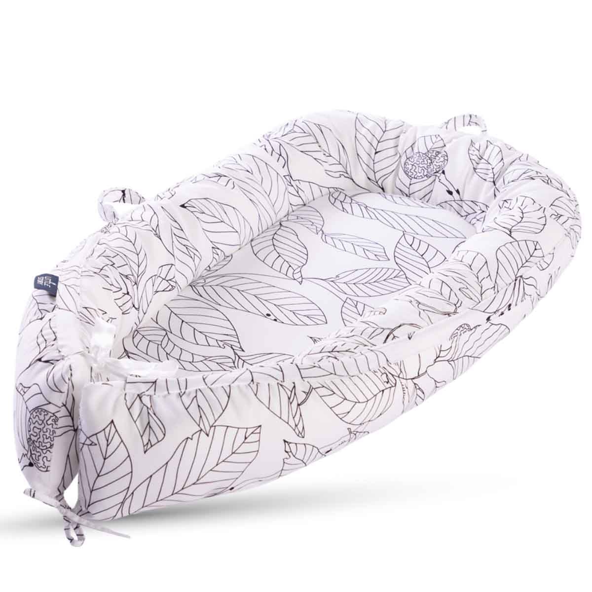 Little Story Flora White Grey Soft Breathable Fiberfill Newborn Lounger Bed Toddler, 0-2 Years