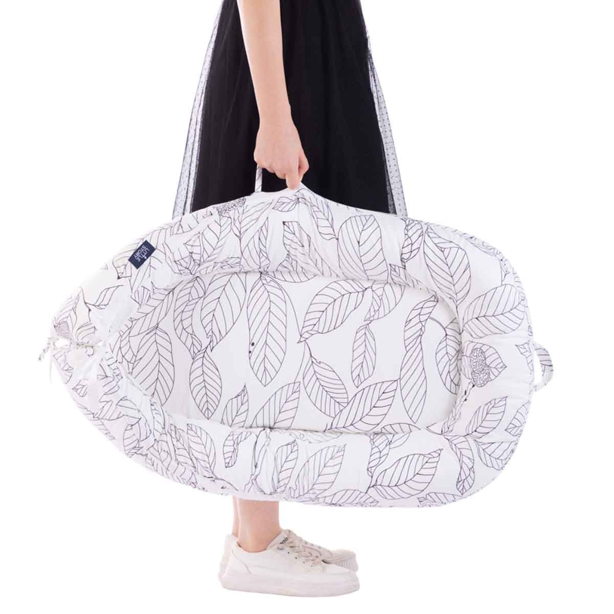 Little Story Flora White Grey Soft Breathable Fiberfill Newborn Lounger Bed Toddler, 0-2 Years