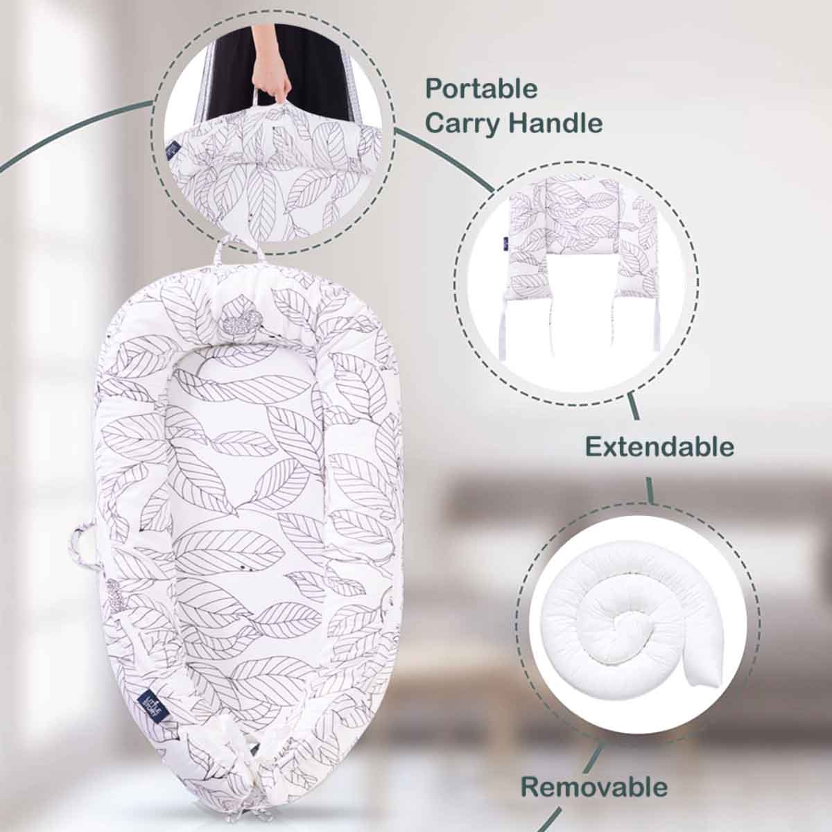 Little Story Flora White Grey Soft Breathable Fiberfill Newborn Lounger Bed Toddler, 0-2 Years