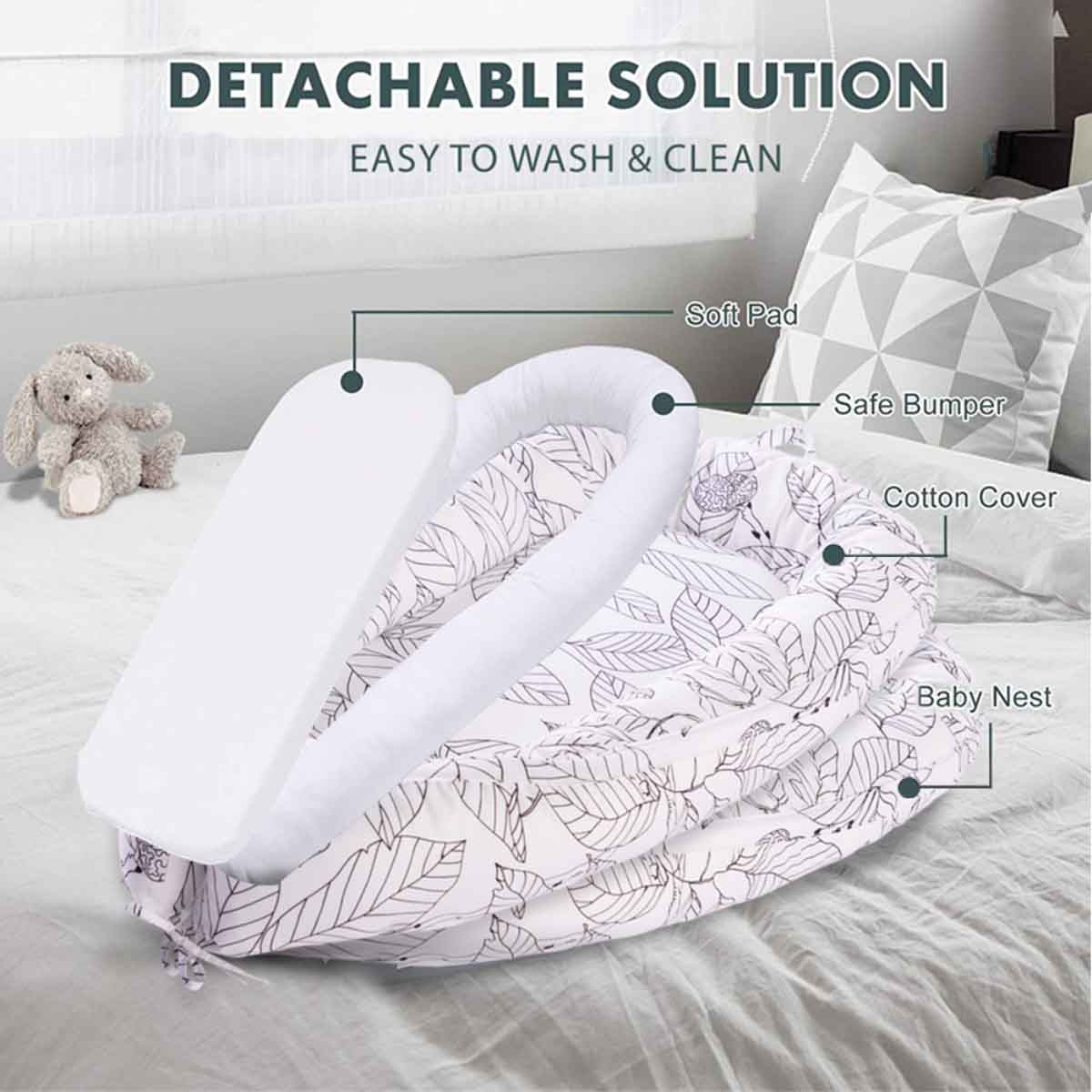 Little Story Flora White Grey Soft Breathable Fiberfill Newborn Lounger Bed Toddler, 0-2 Years