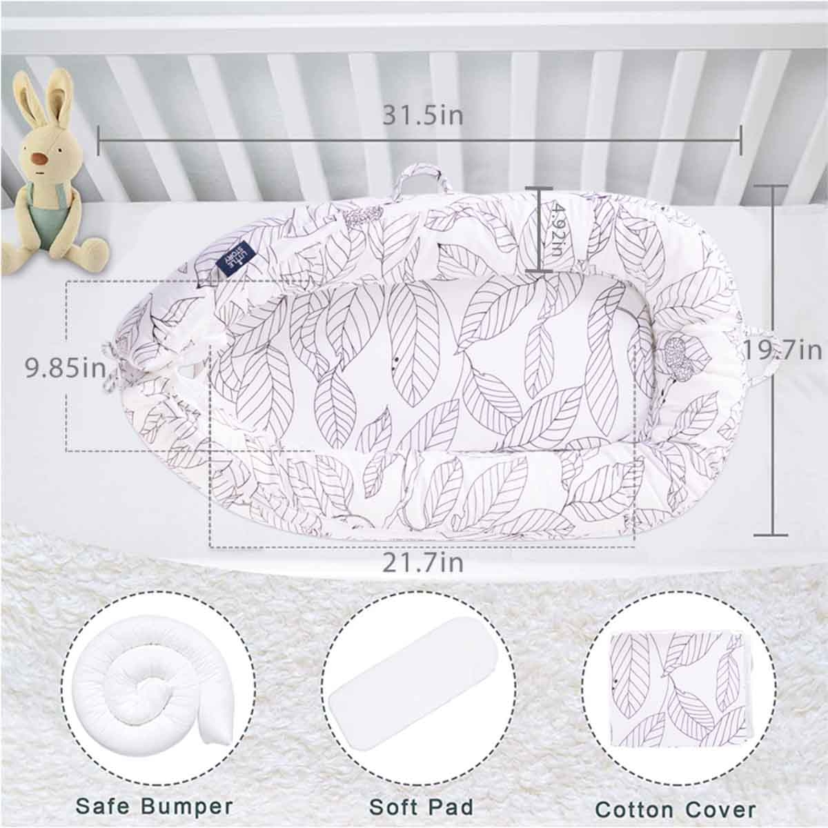 Little Story Flora White Grey Soft Breathable Fiberfill Newborn Lounger Bed Toddler, 0-2 Years