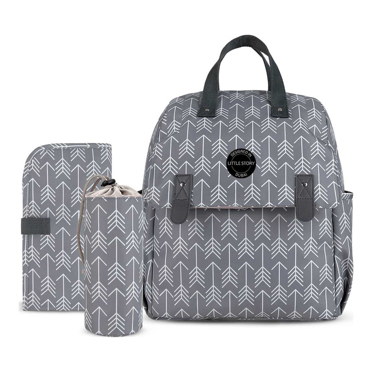 Little Story Grey Arrow Diaper Backpack with Changing Mat & Bottle Bag