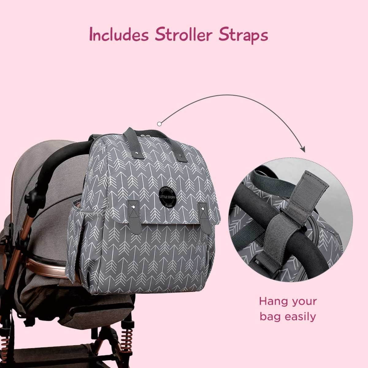 Little Story Grey Arrow Diaper Backpack with Changing Mat & Bottle Bag