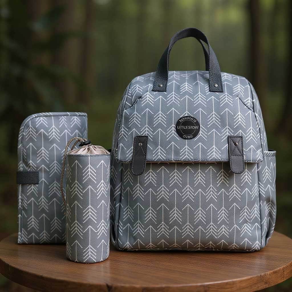 Little Story Grey Arrow Diaper Backpack with Changing Mat & Bottle Bag