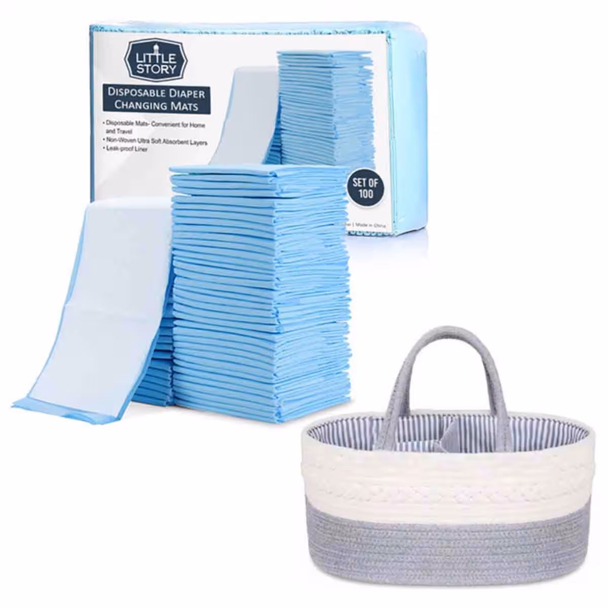 Little Story Grey Diaper Caddy with 100-Piece Changing Mats