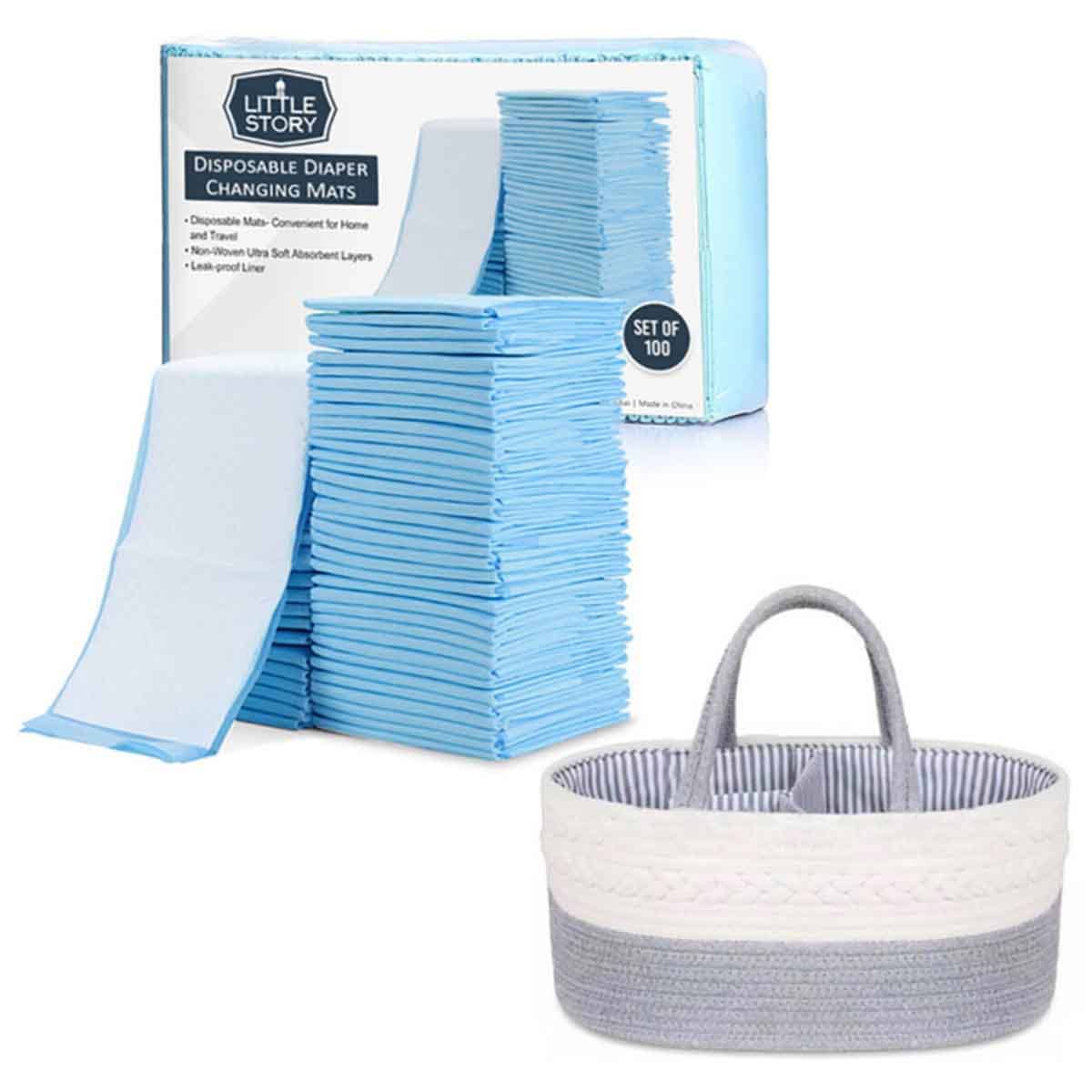 Little Story Grey Diaper Caddy with 100-Piece Changing Mats