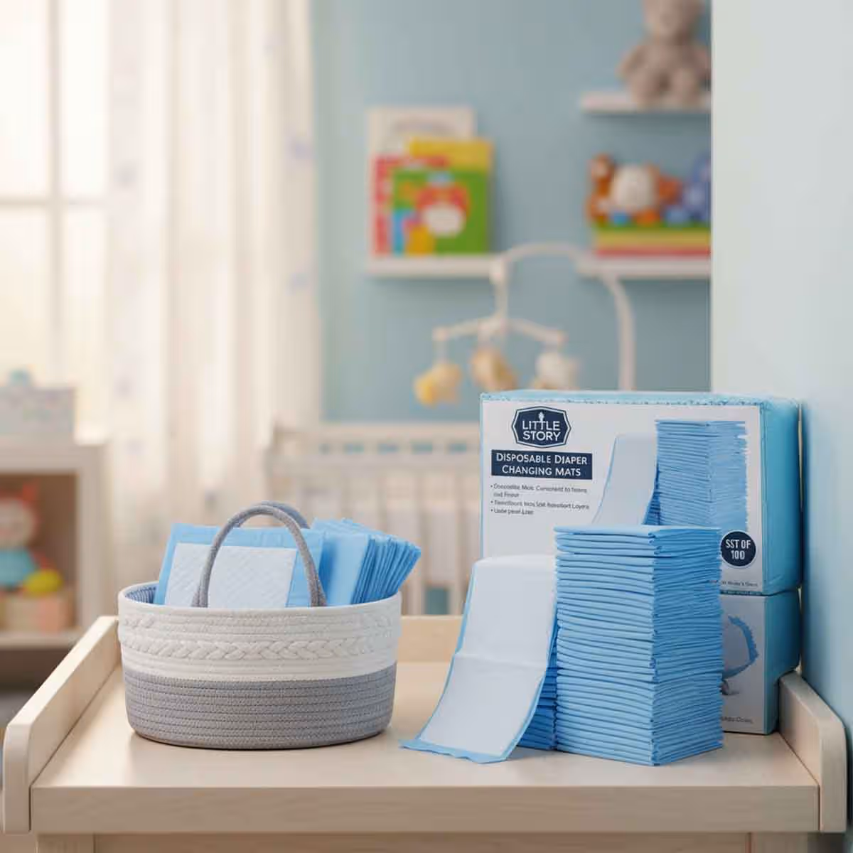Little Story Grey Diaper Caddy with 100-Piece Changing Mats