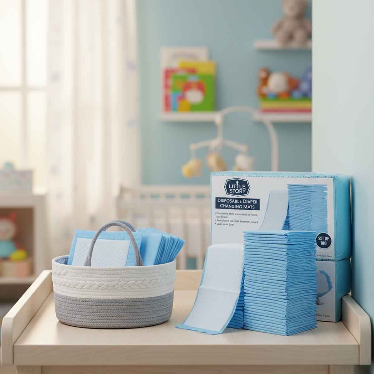 Little Story Grey Diaper Caddy with 100-Piece Changing Mats