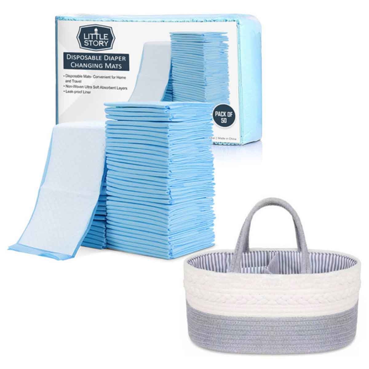 Little Story Grey Diaper Caddy with 50-Piece Changing Mats