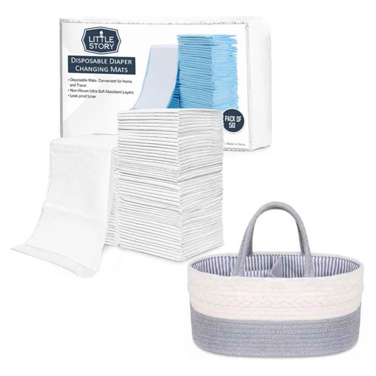 Little Story Grey Diaper Caddy with 50-Piece White Changing Mats