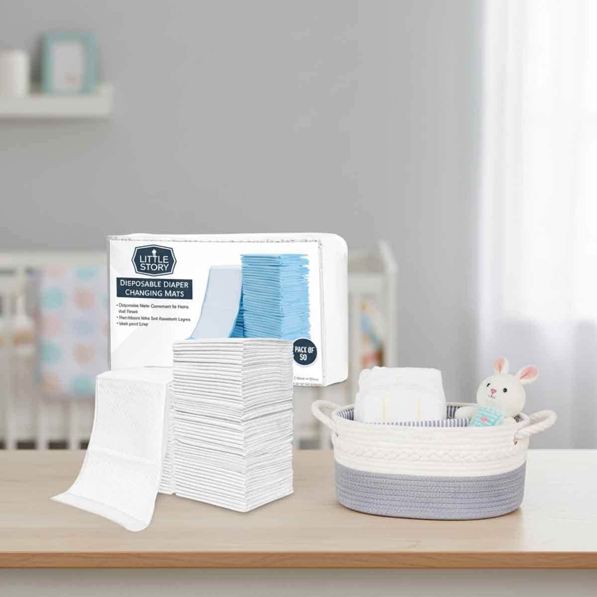 Little Story Grey Diaper Caddy with 50-Piece White Changing Mats