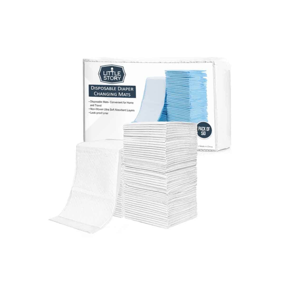 Little Story Grey Diaper Caddy with 50-Piece White Changing Mats