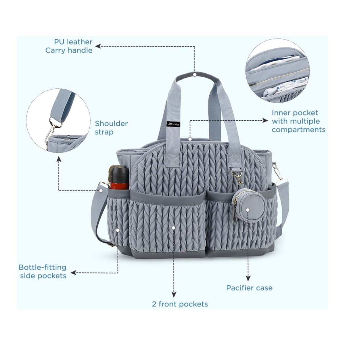 Little Story Grey Nova Tote Bag with Pacifier Pod