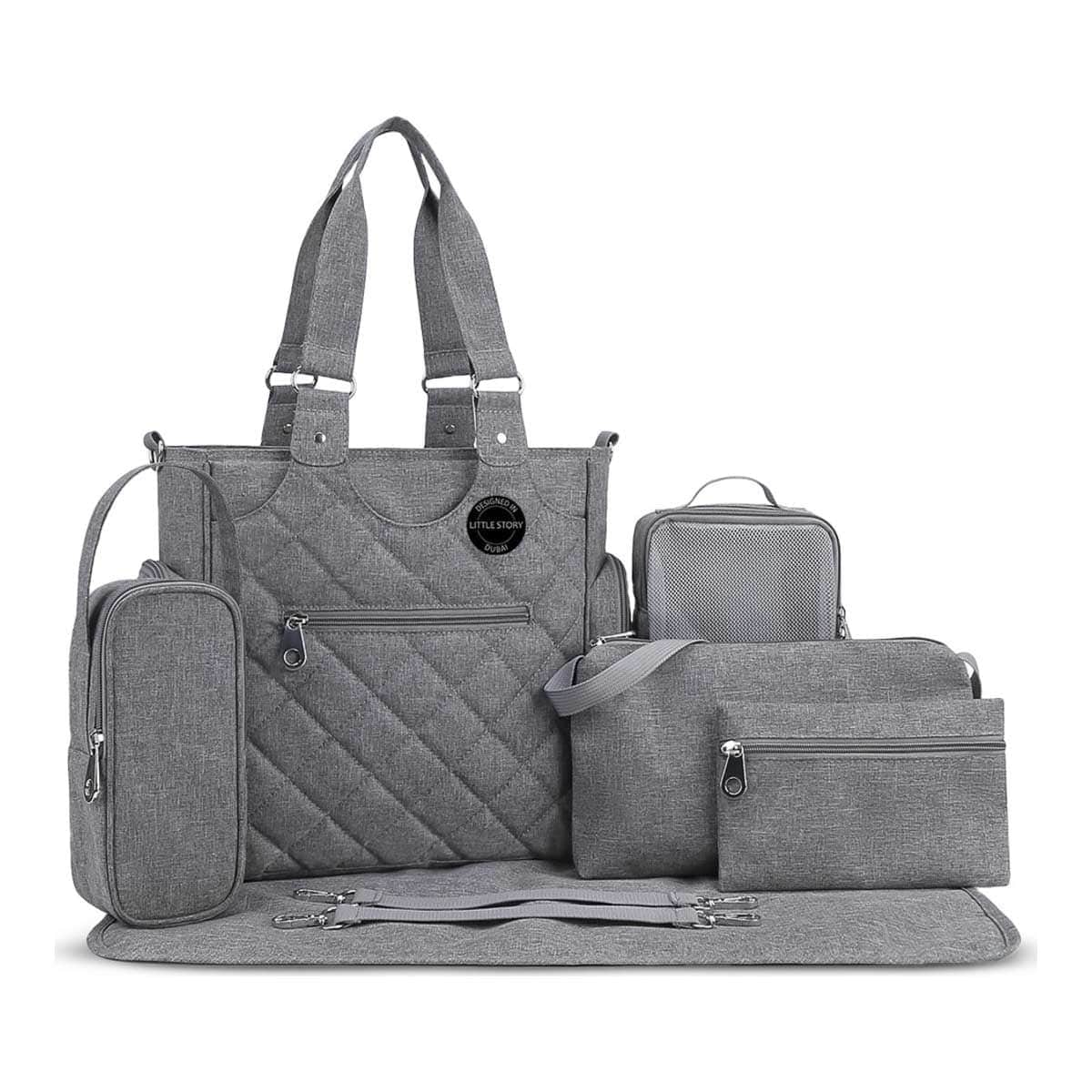 Little Story Grey Quilted Diaper Bags with Stroller Straps & Changing Mat
