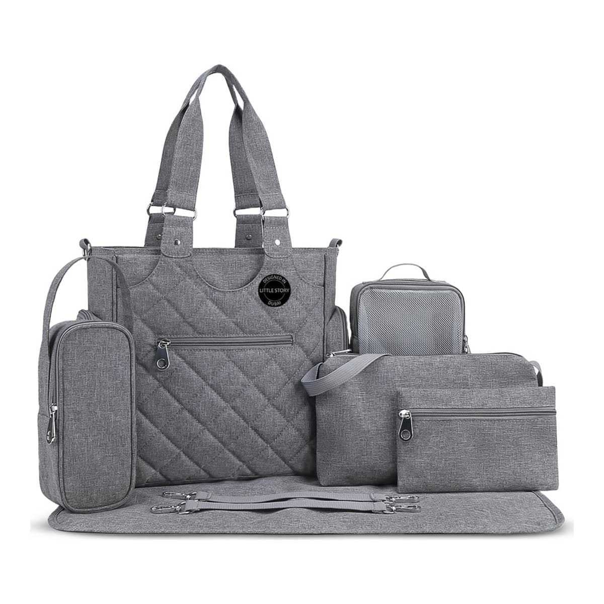 Little Story Grey Quilted Diaper Bags with Stroller Straps & Changing Mat