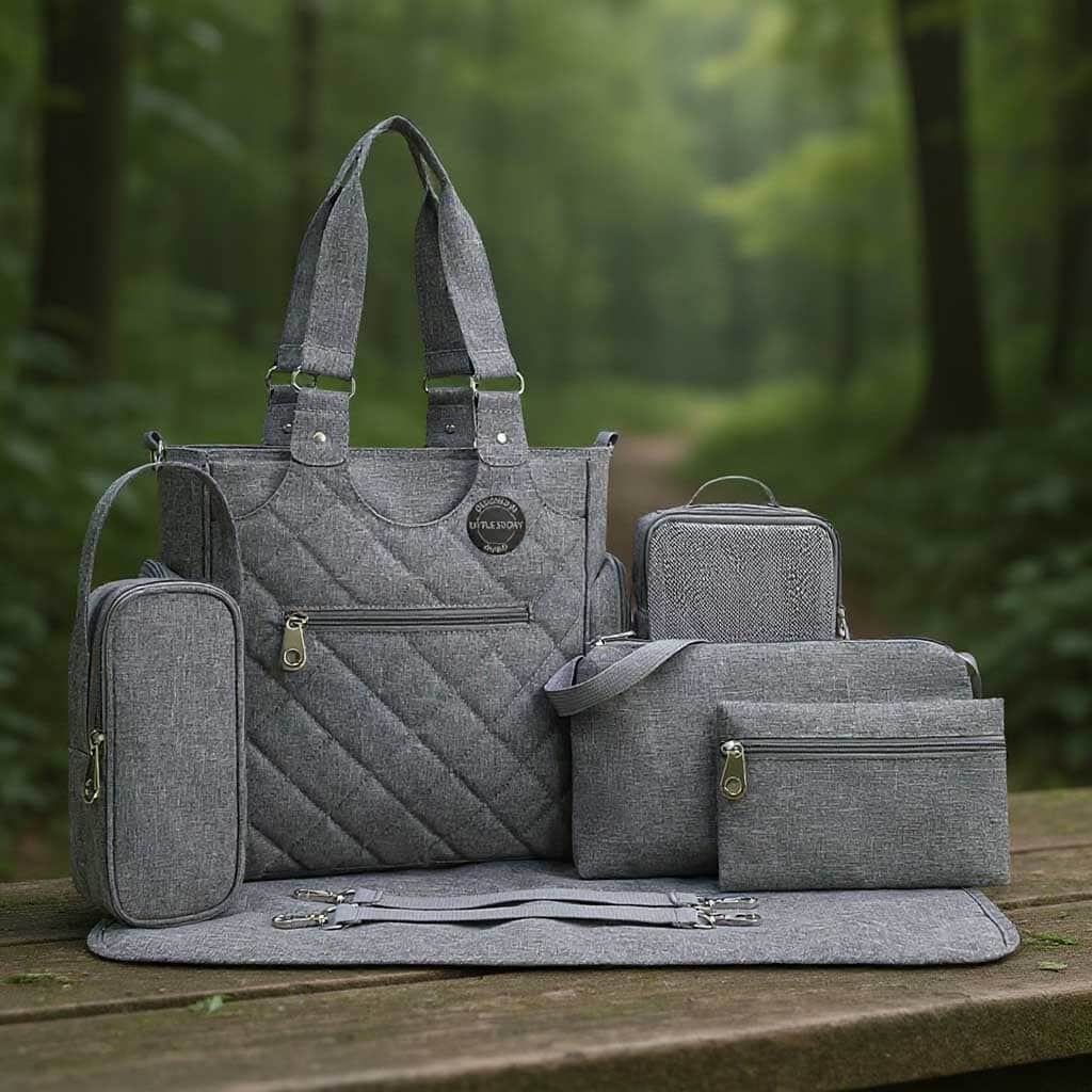 Little Story Grey Quilted Diaper Bags with Stroller Straps & Changing Mat