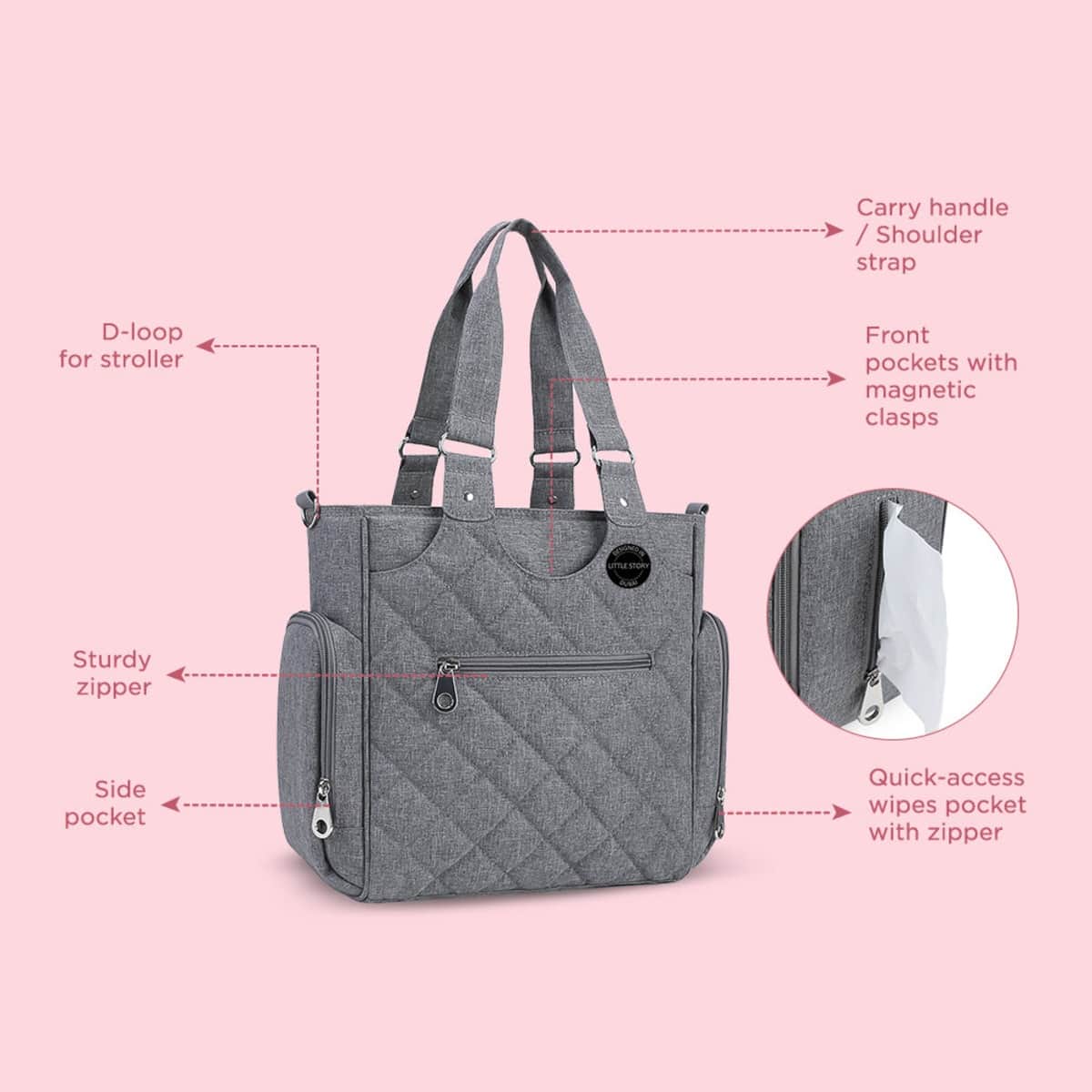 Little Story Grey Quilted Diaper Bags with Stroller Straps & Changing Mat