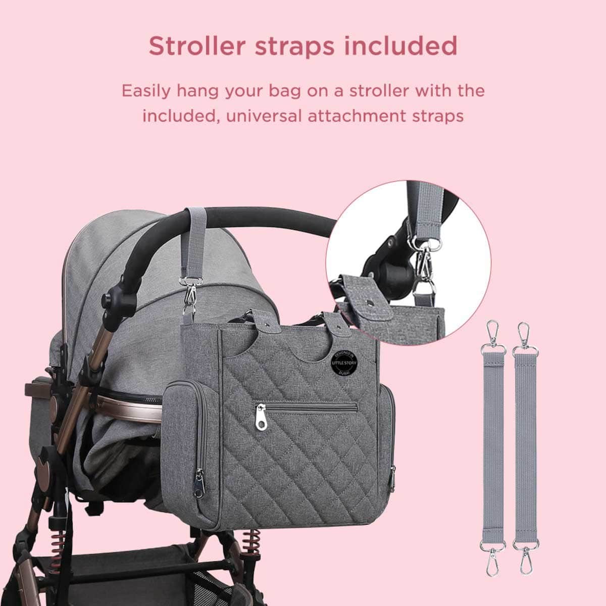 Little Story Grey Quilted Diaper Bags with Stroller Straps & Changing Mat