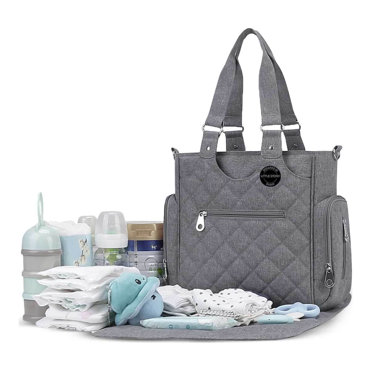 Little Story Grey Quilted Diaper Bags with Stroller Straps & Changing Mat