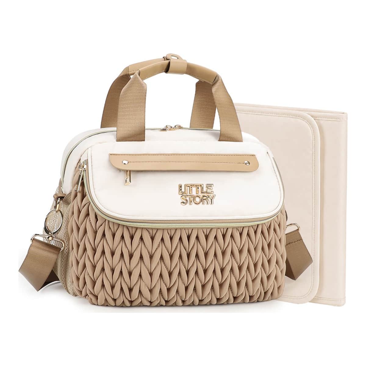 Little Story Khaki Compact Diaper Bag with Changing Pad & Shoulder Strap