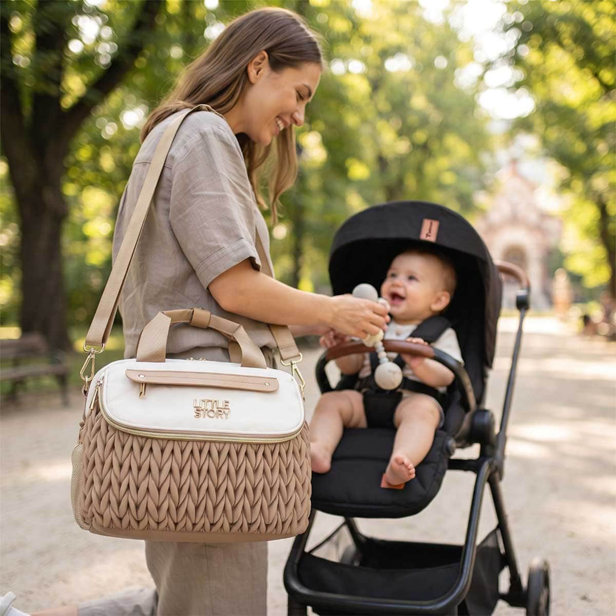 Little Story Khaki Compact Diaper Bag with Changing Pad & Shoulder Strap