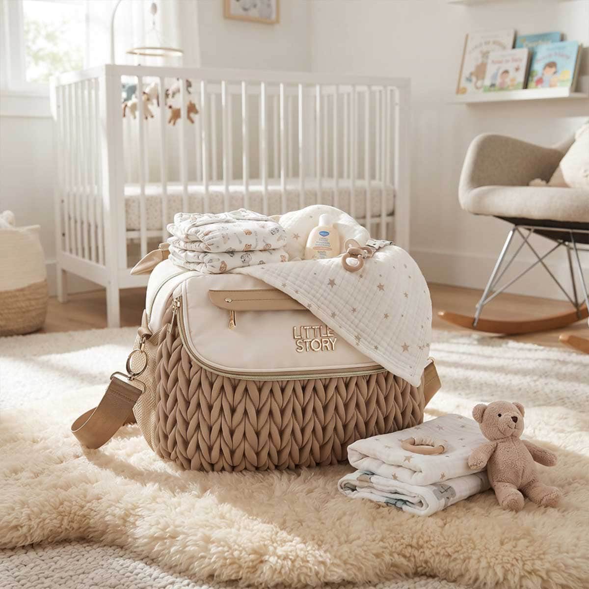Little Story Khaki Compact Diaper Bag with Changing Pad & Shoulder Strap