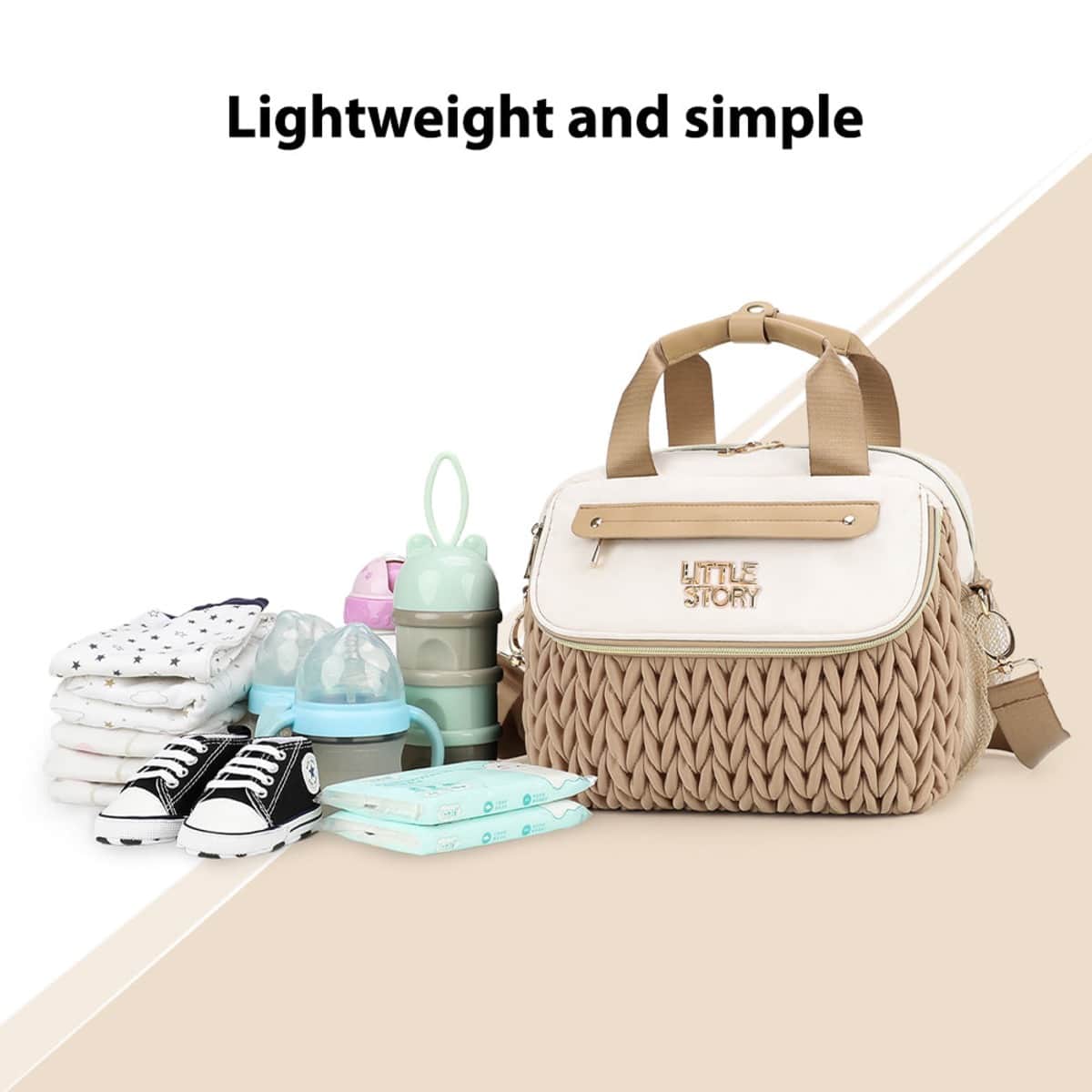 Little Story Khaki Compact Diaper Bag with Changing Pad & Shoulder Strap